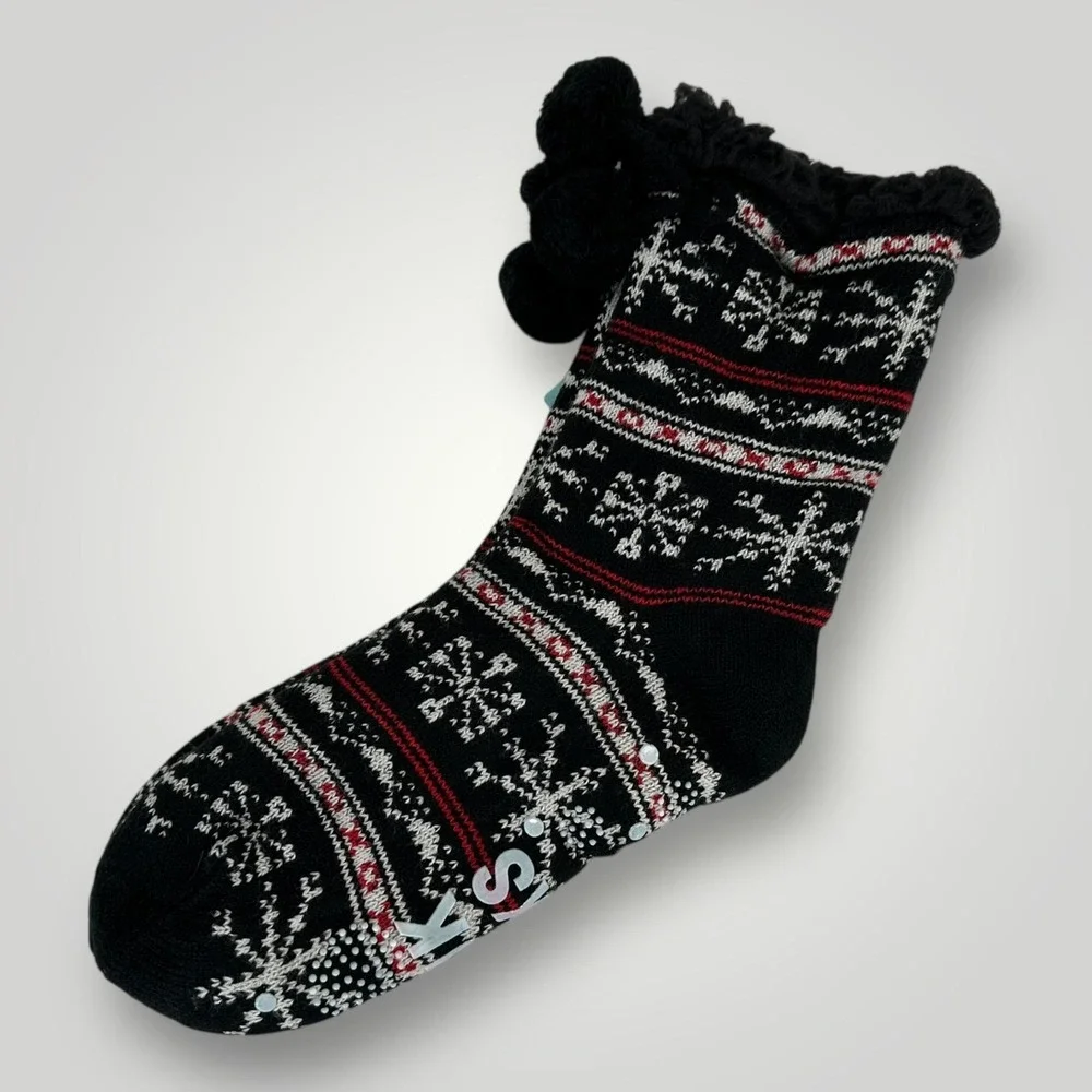 NEW‎ Muk Luks Cabin Socks Womens L XL Black Fair Isle Faux Fur Slipper Gripper